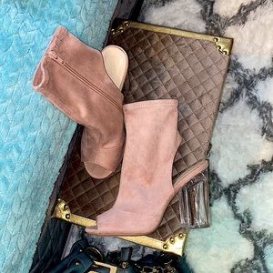 NEW | pink mauve suede sock booties clear heel